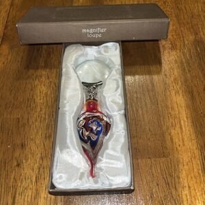 Vintage Murano Blown Glass Handle w/ Swirl Blue Ball Magnifying Glass Loupe Box